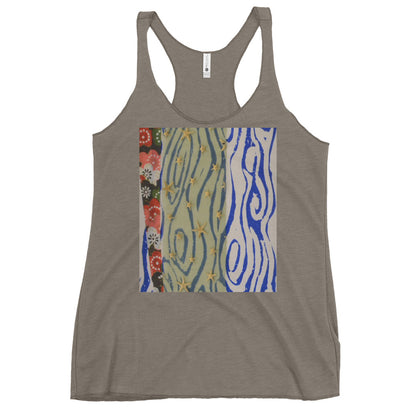 racerback gray tank top with woodcut print design