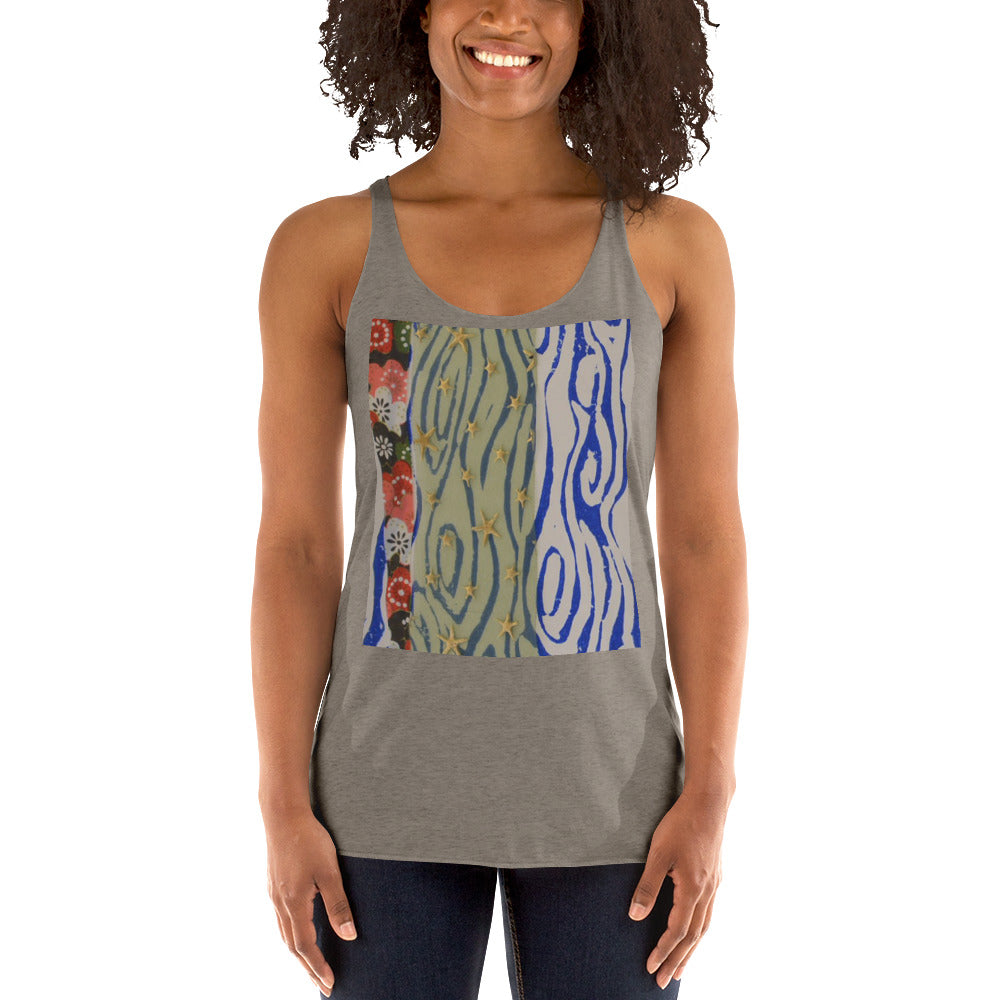 racerback gray tank top with woodcut print design