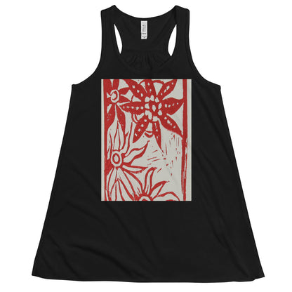 red flower woodcut design black flowy tank top