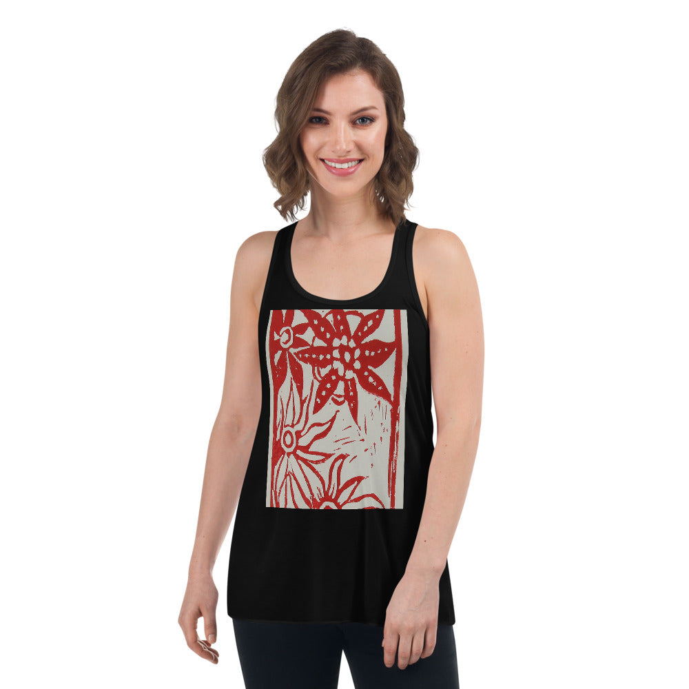 red flower woodcut design black flowy tank top