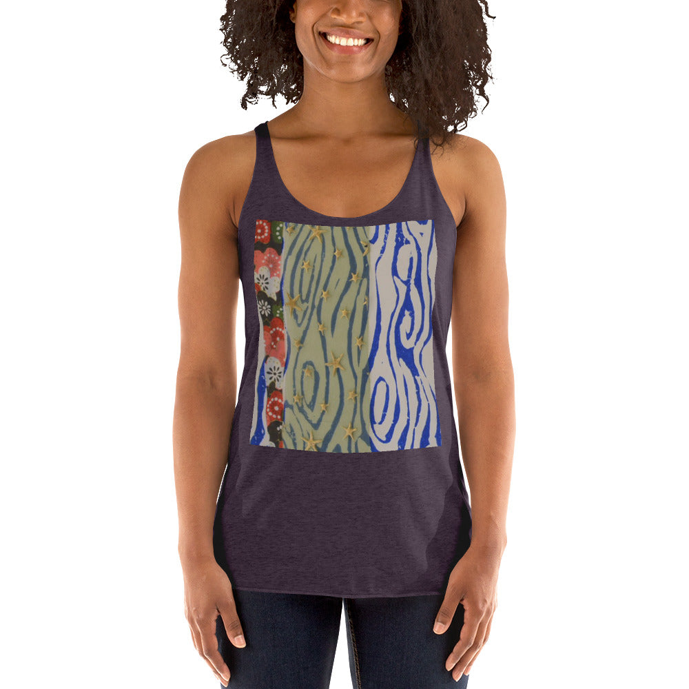 racerback purple tank top with woodcut print design