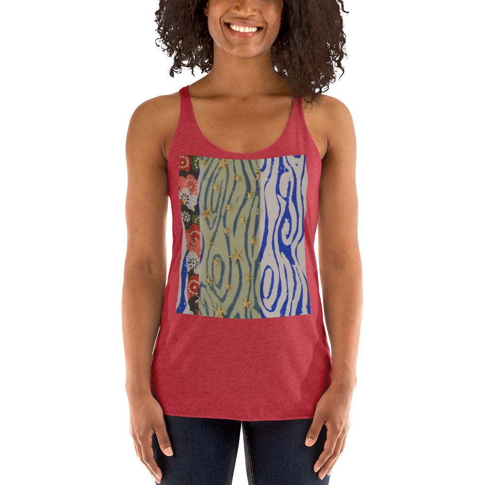 racerback red tank top with woodcut print design