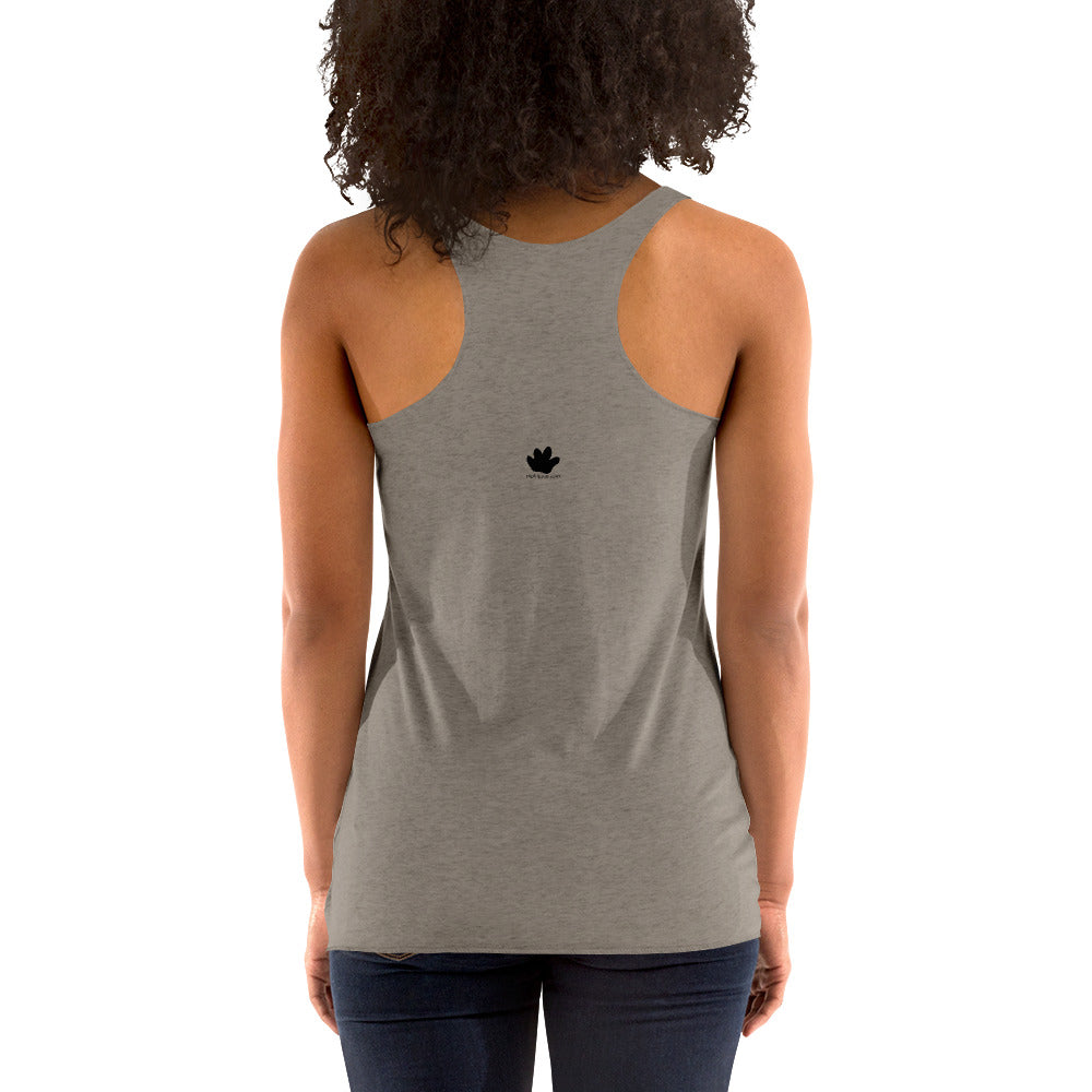 racerback gray tank top with woodcut print design