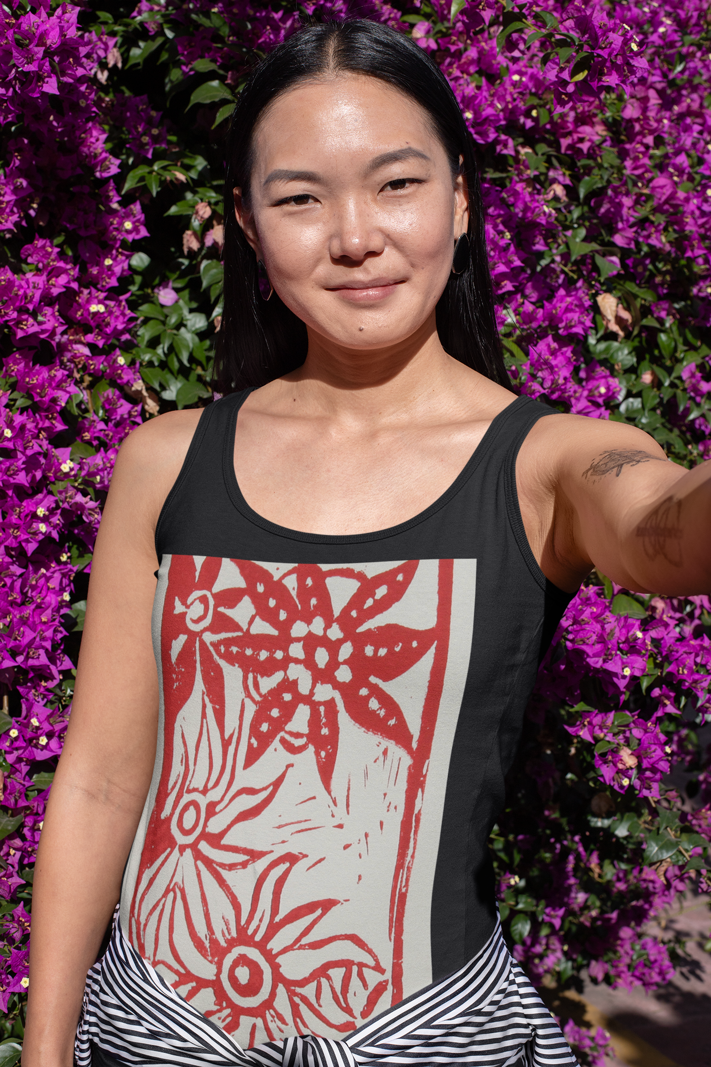 red flower woodcut design black flowy tank top